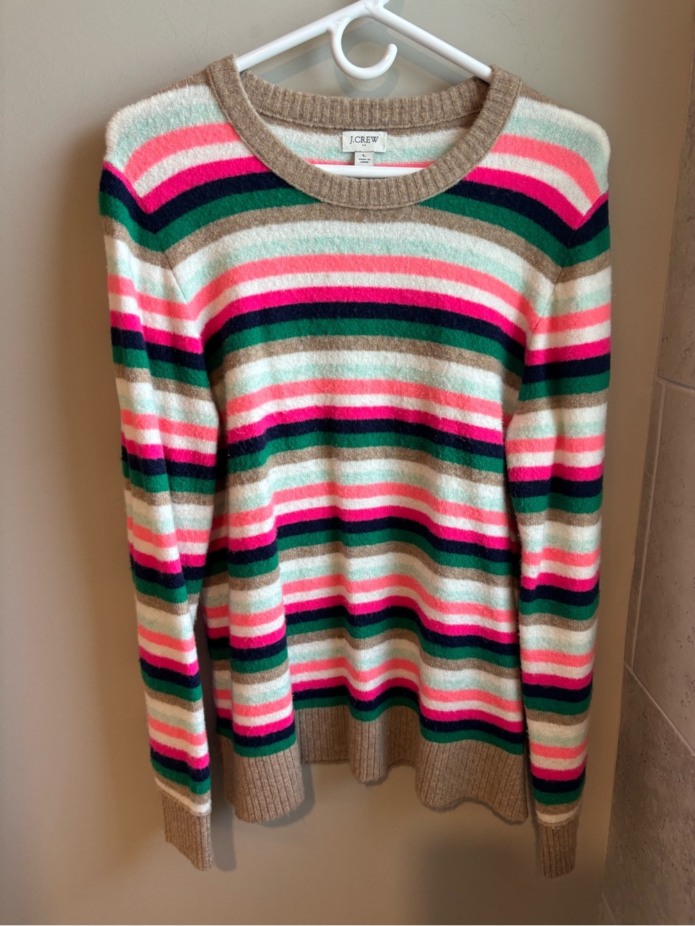 J. Crew Striped Crewneck Sweater in Pink, Green, Navy, Cream & Tan